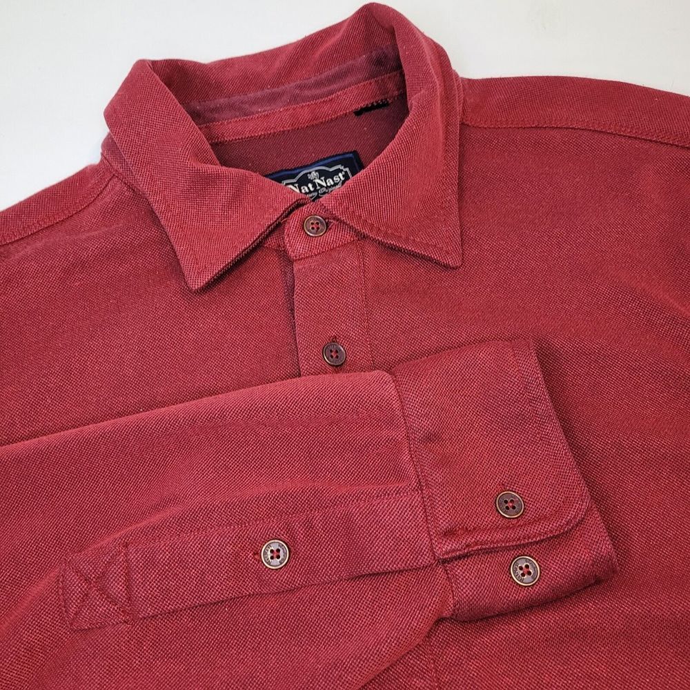 Nat Nast Button Down Shirt Mens Large Red Excellnt Modal Blend F3K41 Long Sleeve